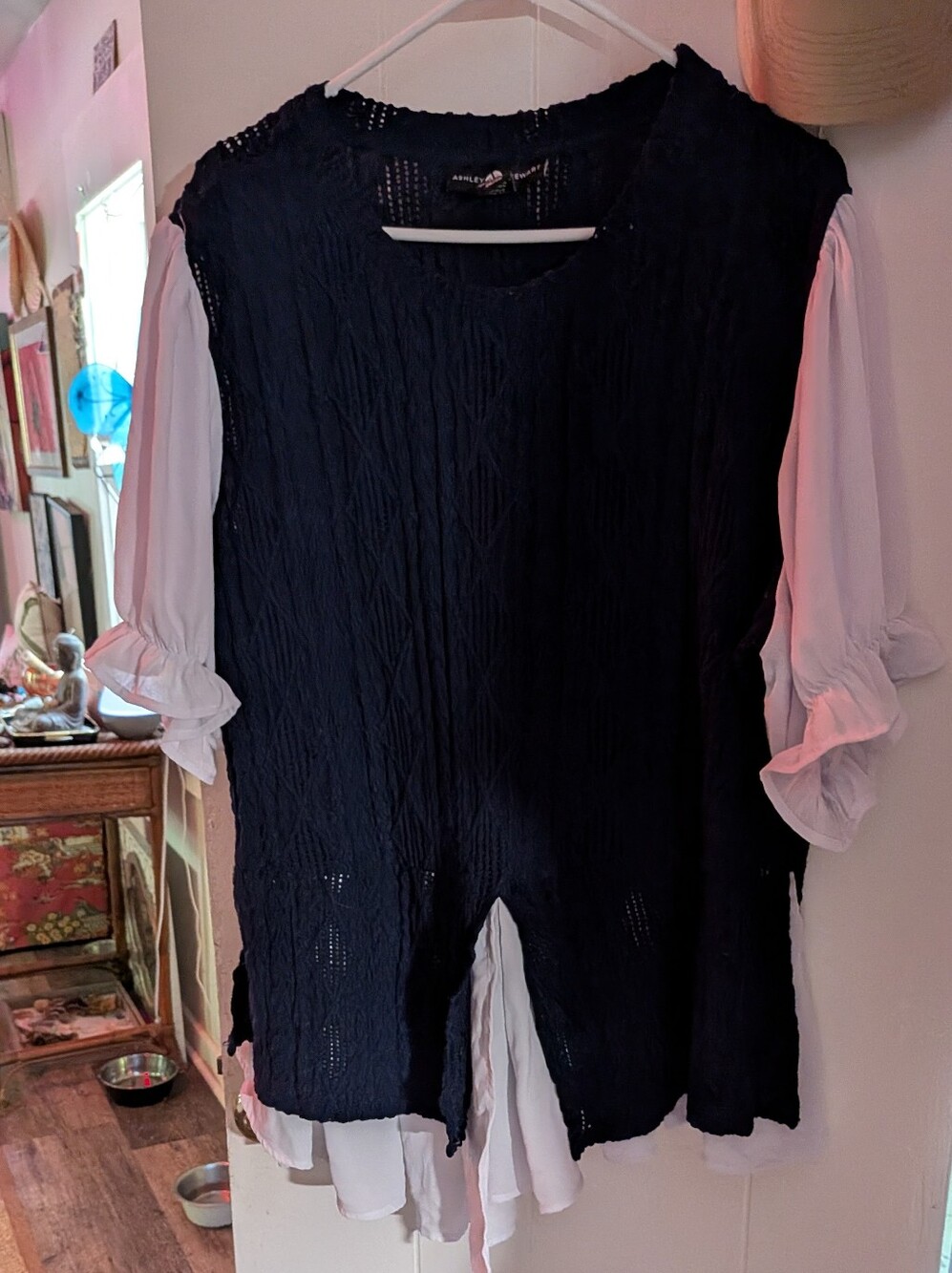 Ashley Stewart Black Textured Tunic with White Ruffle Sleeves